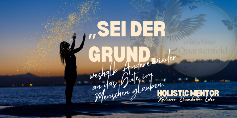 Silhouette einer Person am Strand, umgeben von Glitzer, mit inspirierendem Text.