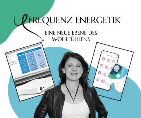 Frau steht vor Geräten zur Frequenzenergetik, mit Text über Wohlfühlen.
